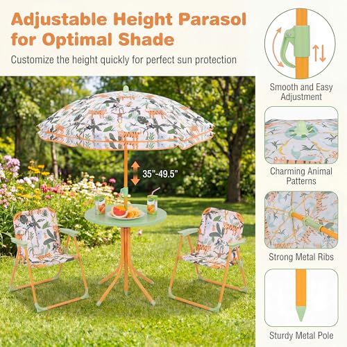 HONEY JOY Kids Picnic Table, Animal Themed Toddler Outdoor Table and Chair Set, 2 Folding Chairs & Removable Umbrella, Children Outdoor Furniture for Backyard Patio Garden (Green Tiger) - color: Green Tiger