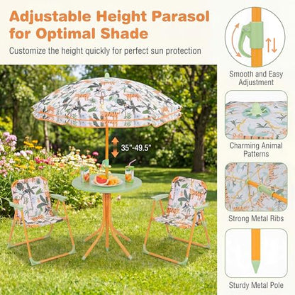 HONEY JOY Kids Picnic Table, Animal Themed Toddler Outdoor Table and Chair Set, 2 Folding Chairs & Removable Umbrella, Children Outdoor Furniture for Backyard Patio Garden (Green Tiger) - color: Green Tiger