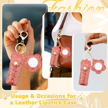 Sisadodo Glitter Lip Oil Holder Key Chains for Woman Lipstick Case with Mirror Lip Balm Keychain for Lipstick Case Keychain - color: Red-flower