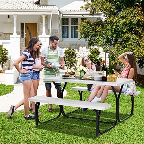 COSTWAY Outdoor Picnic Table, HDPE Plastic Picnic Table Bench Set with Weather Resistant Tabletop & Wood Texture, Ideal for Patio, Backyard (59" D x 54" W x 28.5" H,White) - color: White