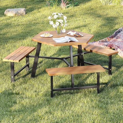 Tangkula 6 Person Acacia Wood Picnic Table, Outdoor Hexagonal Table and Bench Set with 3 Built-in Benches, Umbrella Hole & Metal Frame for Patio Backyard Garden Poolside