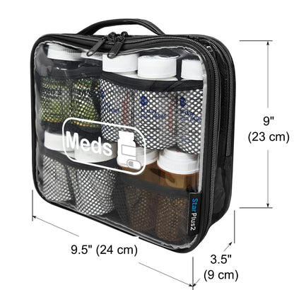 Medium Travel Pill Bottle Organizer, Clear Medicine Bag, 2 Zipper Compartments with Divider and Mesh Pockets, Easy View of Medications, Medical Supplies, and Toiletries, PVC - Black - color: - Pvc Black, size: M (Pack of 1)