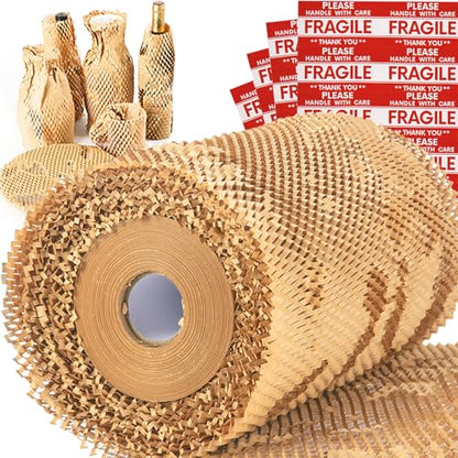 Honeycomb Packing Paper Wrap 15''x20520" (1710 ft), Substitute Alternative for Bubble Cushioning Wrap for Moving Shipping Packaging, Recyclable Moving Supplies with 48 Fragile Sticker Labels - size: 15''x1710'