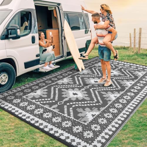 GarveeHome Outdoor Rug 9x18 Waterproof Reversible Mat Vintage Diamond Camping Rugs Indoor Outdoor Rugs Carpet Large Area Rug Plastic Straw Rug for Patio Deck Balcony Pool RV Camping, Grey and White - color: Border Grey/White, size: 9' x 18' (Rectangular)