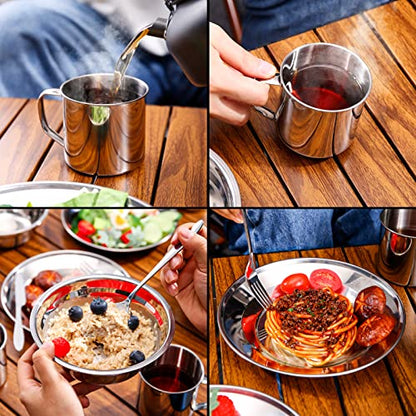Odoland 29pcs Stainless Steel Utensils Camping Mess Kits with Bowls Plates Cups Forks Spoons and Knives for 4, Camping Cutlery Set for Backpacking, Outdoor Hiking and Picnic