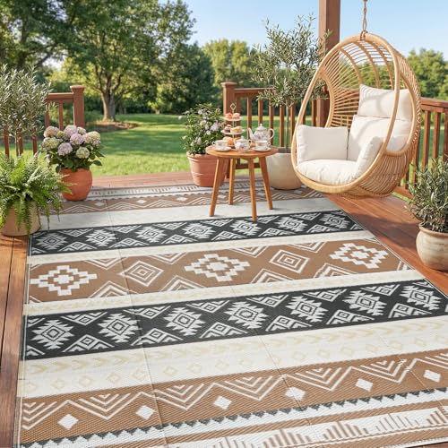 Outdoor Area Rug 6x9 Waterproof Patio Rug Reverisble Plastic Straw Outdoor Mat, Portable RV Mat Carpet for Deck, Camper, Porch, Balcony, Backyard, Picnic, Brown - color: Brown, size: 6' x 9' (Rectangular)