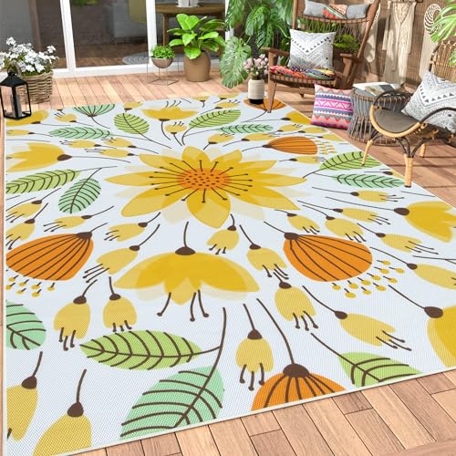 Lahome Floral Indoor Outdoor Rug 8x10, Non Slip Outdoor Patio Rug for Camping Picnic, Portable Large Outdoor Area Rug for Balcony Deck Backyard, RV Mat Outdoor Rugs for Living Room Bedroom,Yellow - color: Yellow, size: 8'x 10'