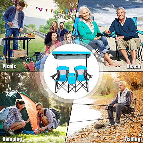 S AFSTAR Double Camping Chair w/Shade Canopy, 2-Person Folding Camp and Beach Chair with Mini Table Beverage Cup Holder Carrying Bag, Collapsible Camping Chairs for Garden Patio Pool Beach - color: Blue