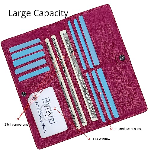 Bveyzi Ultra Slim Thin Leather RFID Blocking Credit Card Holder Bifold Clutch Wallets for Women - color: Hot Pink