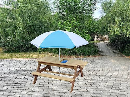 BTExpert Kids 3-in-1 Sand Water Activity Table Wooden Outdoor Convertible Picnic Table Bench Adjustable Umbrella Removable Top 2 Play Boxes Toy Set 37 x 35 in - color: Clear, size: 37 x 35 in