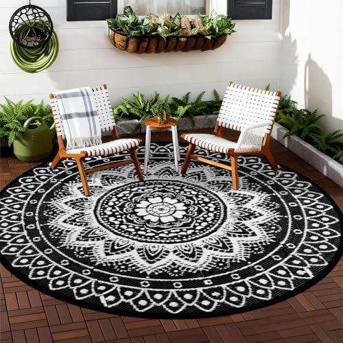 Round Outdoor Rugs for Patios, 8Ft Waterproof Reversible Plastic Straw Mat with Carry Bags, Boho Lightweight Outdoor Carpet Portable Round Floor Mat for Patio Camping Picnic Backyard RV,Black & White - color: Black & White, size: 8' (Round)