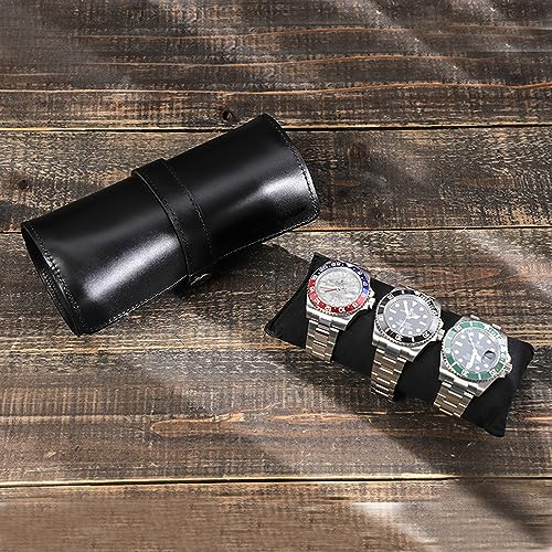 Personalized Custom Name Watch Case Roll Organizer, Luxury Genuine Leather Travel 3-Watches Case For Watch/Bracelet (07 Black) - color: 07 Black