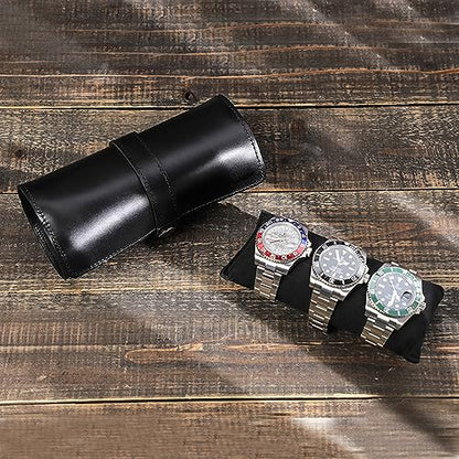 Personalized Custom Name Watch Case Roll Organizer, Luxury Genuine Leather Travel 3-Watches Case For Watch/Bracelet (07 Black) - color: 07 Black