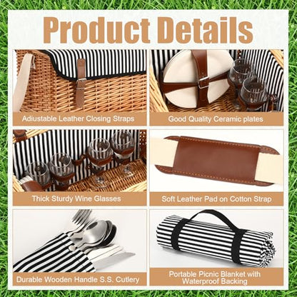 Sawysine Wicker Picnic Basket with Throw Pillow Set for 4, Multifunctional Hamper Gift Set with Blanket, Bamboo Wine Snack Table & Tablewares, Portable Outdoor Combo for Camping, Party & Gifting