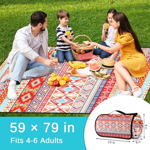 Waterproof Picnic Outdoor Blanket, 79" x 59" Sandproof Foldable Large Picnic Blanket for Beach, Camping, Park, Travel, Concert, Great Gift for Families and Couples (Bohemian Orange) - color: Bohemian Orange
