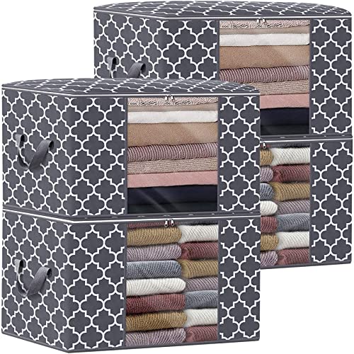 WISELIFE Storage Bags, Large Blanket Clothes Organization and Storage Containers for Bedding, Comforters, Foldable Organizer with Reinforced Handle, Clear Window,Sturdy Zippers,(Grey, 4 x 100L) - color: Dark Grey, size: 4 x 100L