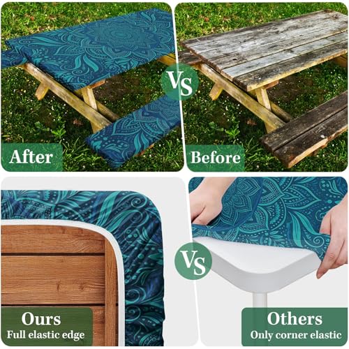 Picnic Table Cover with Bench Covers Elastic Edges, Boho Teal Camper Fitted Table Cover, Outdoor Camping Essentials 72 Inch 3PCS, Waterproof Camping Fitted Tablecloth with Drawstring Bag - color: Boho Teal, size: 72in