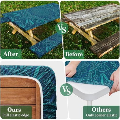 Picnic Table Cover with Bench Covers Elastic Edges, Boho Teal Camper Fitted Table Cover, Outdoor Camping Essentials 72 Inch 3PCS, Waterproof Camping Fitted Tablecloth with Drawstring Bag - color: Boho Teal, size: 72in