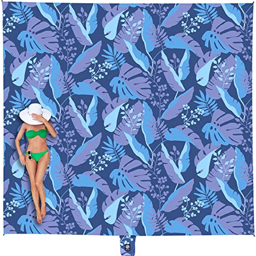 WEKAPO Beach Blanket Waterproof Sandproof Oversized, Extra Large Beach Mat Sand Free, Lightweight & Compact Sand Free Mat with 5 Stakes & 4 Corner Pockets - color: Blue Leaf, size: 8 x 7 FT (1～4 person)