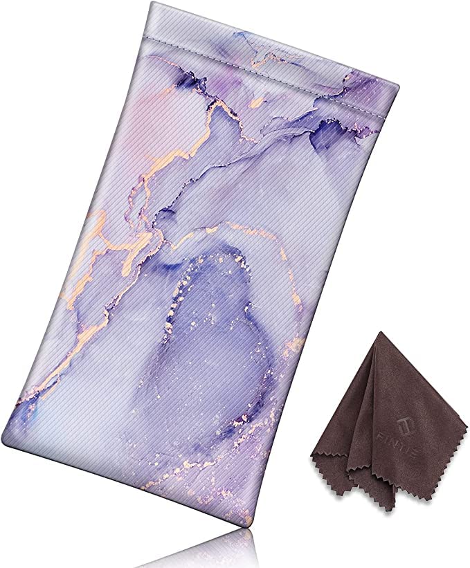 [2 Pack] Fintie Eyeglasses Pouch with Cleaning Cloth, Portable Squeeze Top Leather Glasses Case Sunglasses Bag, Glittering Marble + Lilac Marble - color: Glittering Marble + Lilac Marble