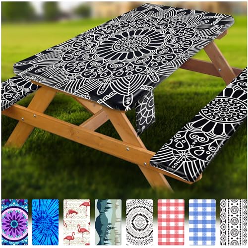 Picnic Table Cover with Bench Covers Vinyl Elastic Edges Fitted Rectangle Tables Seat Waterproof 3-Piece 96X30in Set Outdoor Rectangular Folding Backing Tablecloth Camping Over Size BlackMandala - color: Black Mandala, size: 96in