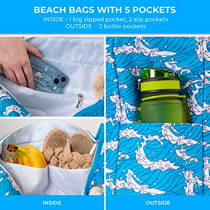 Beach Bag and Pool Bag Has Cooler Pocket, 7 Pockets Total, Zip Top. Family Size Waterproof Beach Tote - color: Ocean Waves