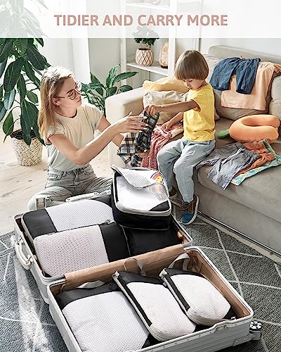Meowoo 7 Set Compression Packing Cubes for Travel, Durable Ripstop Mesh Suitcase Organizer with Shoe Bag, Ultralight & Expandable Space Saver Travel Cubes - color: Black