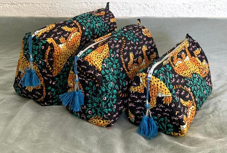 YILLE Set of 3 Pieces Block Printed Travel Organizer Kit Storage Bag for Women Makeup Bag Travel Cosmetic Bag (Black Cheetah) - color: Black Cheetah