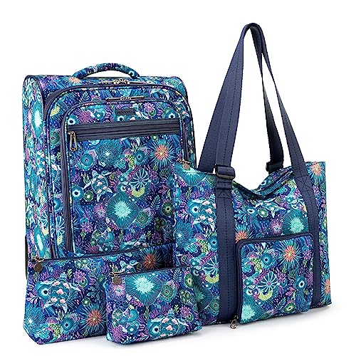 Sakroots On the Go 4 Piece Travel Bundle, Includes 21" Rolling Suitcase, Packable Large Tote, Medium & Small Pouches - color: Royal Blue Seascape