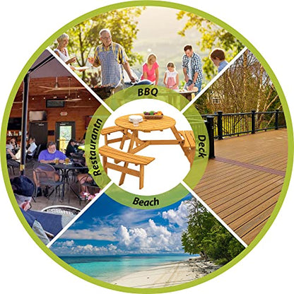 6 Person Circular Outdoor Wooden Picnic Table Sets for Patio Backyard Garden DIY w/3 Built-in Benches 1720lb Capacity, Natural - color: Natural-6-round