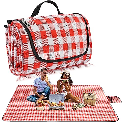 Large Picnic Blanket Beach Blanket Waterproof Sandproof Outdoor Blanket Foldable Beach Mat Sandfree Handy Mat with Carry Strap Lightweight Beach Mat fit 2 to 4 Adults for Beach Grass Lawn Park - color: Red Plaids, size: 5' x 6'8" (Runner)