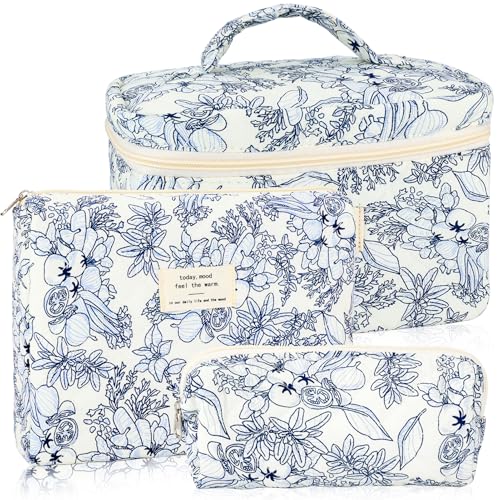 URSKYTOUS 3Pcs Cotton Quilted Makeup Bag for Women Girls Large Small Travel Black Floral Cosmetic Bags Set Cute Coquette Makeup Pouch for Purse Aesthetic Cloth Flower Storage Toiletry Bag Organizer - color: MN 3PCS Black Flower