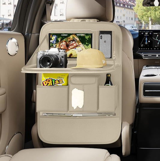 GMQ Back Seat Car Organizer 1 Pack,Backseat Organizer with Tray,Multifunctional Car Seat Back Storage Box with Foldable Tablet Holder (Beige, Plain weave) - color: Beige, size: Plain weave