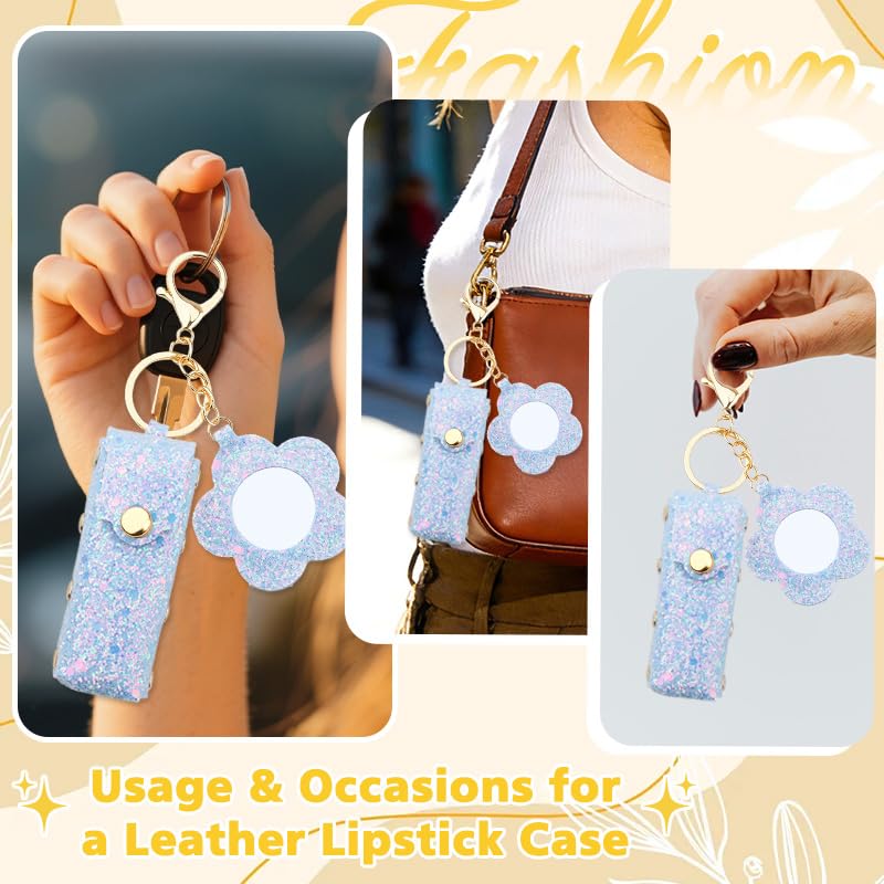 Sisadodo Glitter Lip Oil Holder Key Chains for Woman Lipstick Case with Mirror Lip Balm Keychain for Lipstick Case Keychain - color: Blue-flower