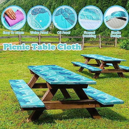Boao 3 Pcs Vinyl Picnic Table Cover with Bench Cover 6 ft 30 x 72 Inch Waterproof Fitted Tablecloth Flannel Backing Rectangular Elastic Edged for Camping Outdoor Patio Travel(Turtle) - color: Turtle