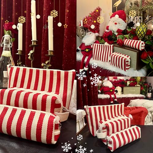 3 Pcs Makeup Bag Set Striped Canvas Purse Cosmetic Bag For Women Travel Toiletry Pouch Organizer pencil case (Red-White) - color: Red-White