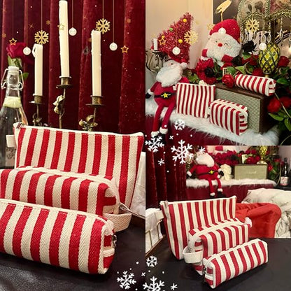 3 Pcs Makeup Bag Set Striped Canvas Purse Cosmetic Bag For Women Travel Toiletry Pouch Organizer pencil case (Red-White) - color: Red-White