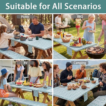 Fitted 8Ft Picnic Table Cover with Chair Covers Elastic Polyester Stain Resistant Reusable Camping Table Cloth Patio Family Glamping Things Hiking Rv Traveling Needs Gifts for Grandparents - color: Green Bohemia, size: 96*30Inch