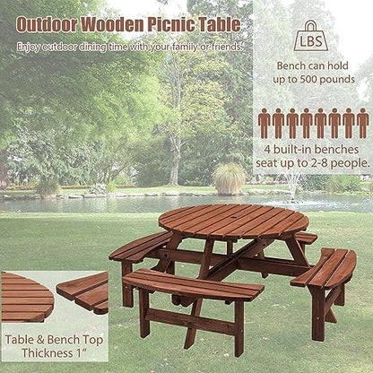 Round 8 Person Wooden Picnic Table Sets Outdoor Camping Dining Table with Seat Garden DIY w/ 4 Built-in Benches 2220lb Capacity - Brown - color: Brown-8-round