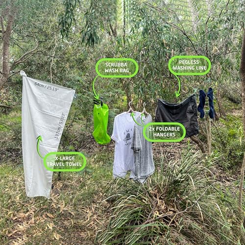 Scrubba Portable Wash Bag Kit (5 Pieces) – Hand Washing Machine System for Hotel, Hiking & Travel Wash – Light and Small Eco-friendly Camping Laundry Bag, Green, Regular Size