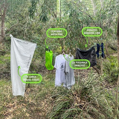 Scrubba Portable Wash Bag Kit (5 Pieces) – Hand Washing Machine System for Hotel, Hiking & Travel Wash – Light and Small Eco-friendly Camping Laundry Bag, Green, Regular Size