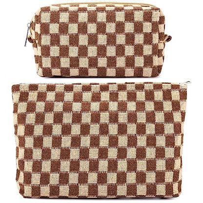 ZLFSRQ 2Pcs Checkered Makeup Bag for Women Large Small Checkered Cosmetic Bag Set Aesthetic Preppy Pencil Case Cute Pencil Pouch Brown Makeup Pouch for Purse Travel Toiletry Bags Zipper Skincare Bags - color: B-Checkered 2Pcs Mix Brown