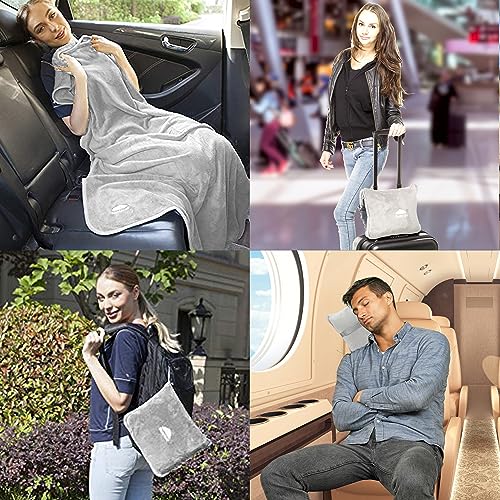 BlueHills Premium Soft Travel Blanket Pillow Airplane Flight Blanket Throw in Ultra-Soft Bag Pillow case Luggage Sleeve & Backpack Clip Large Air Warm Traveler Essentials - Light Gray T024 - color: Lgray-1pk-t024