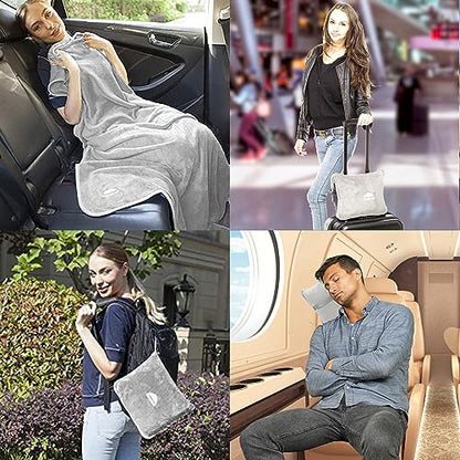 BlueHills Premium Soft Travel Blanket Pillow Airplane Flight Blanket Throw in Ultra-Soft Bag Pillow case Luggage Sleeve & Backpack Clip Large Air Warm Traveler Essentials - Light Gray T024 - color: Lgray-1pk-t024