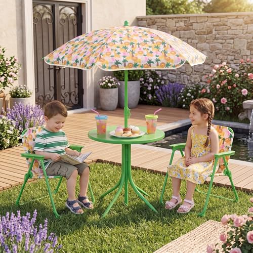 HONEY JOY Kids Picnic Table, Animal Themed Toddler Outdoor Table and Chair Set, 2 Folding Chairs & Removable Umbrella, Children Outdoor Furniture for Backyard Patio Garden (Green Lion) - color: Green Lion