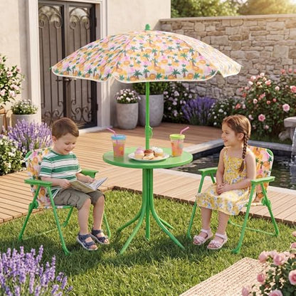 HONEY JOY Kids Picnic Table, Animal Themed Toddler Outdoor Table and Chair Set, 2 Folding Chairs & Removable Umbrella, Children Outdoor Furniture for Backyard Patio Garden (Green Lion) - color: Green Lion
