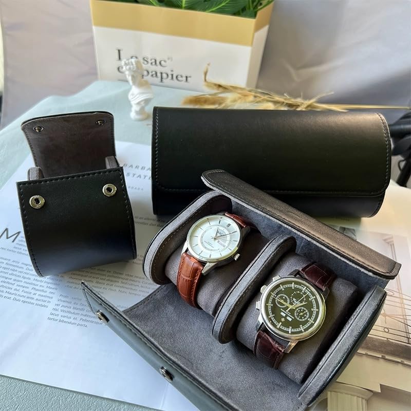 Watch Roll Travel Case - Handmade Leather Watch Rolls Box for Man - Travel Watch Roll with Velvet to Protection - Watch Roll Organizer to Home Secure Storage - color: 2-BLACK grey