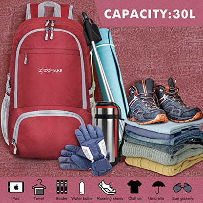 ZOMAKE Lightweight Packable Backpack 30L, Foldable Hiking Backpacks Water Resistant Compact Folding Daypack for Travel(Red) - color: Red