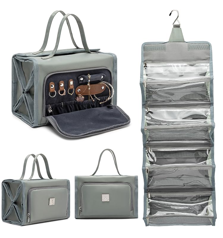 ROYALFAIR Roll Up Makeup Bag, Travel Toiletry Bag for Women with 4 Clear TSA Approved Pouches, Hanging Travel Organizer, Folding Cosmetic Bag for Men and Women (grey) - color: grey