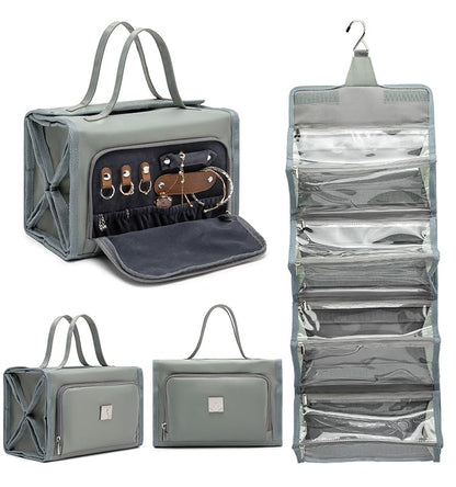 ROYALFAIR Roll Up Makeup Bag, Travel Toiletry Bag for Women with 4 Clear TSA Approved Pouches, Hanging Travel Organizer, Folding Cosmetic Bag for Men and Women (grey) - color: grey